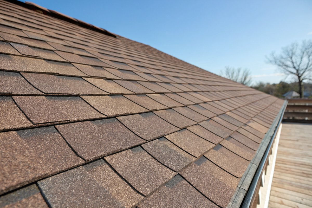 Close view of new brown architectural shingles along a straight ridge