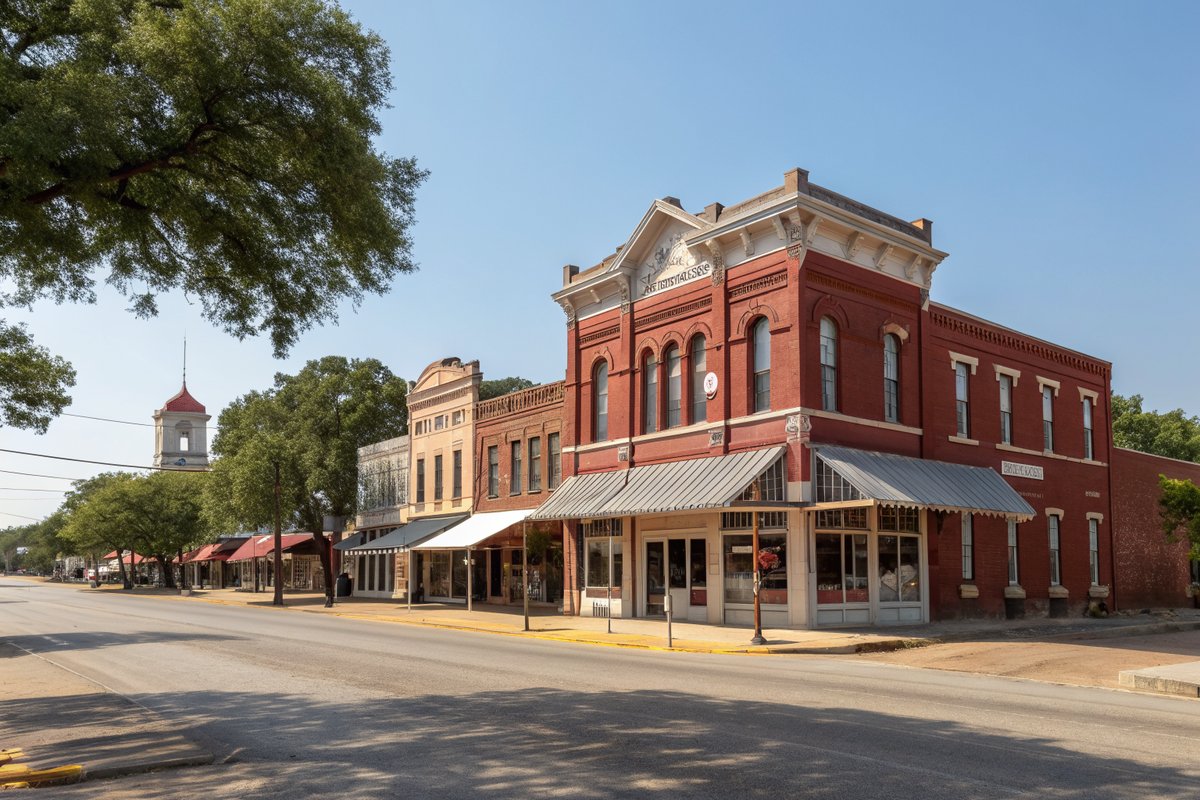 A historic Texas town square of 1800s red brick storefronts with awnings