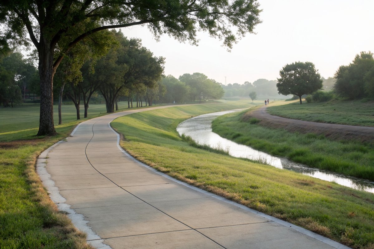 A concrete hike-and-bike trail curving beside a tree-lined creek in a suburban park