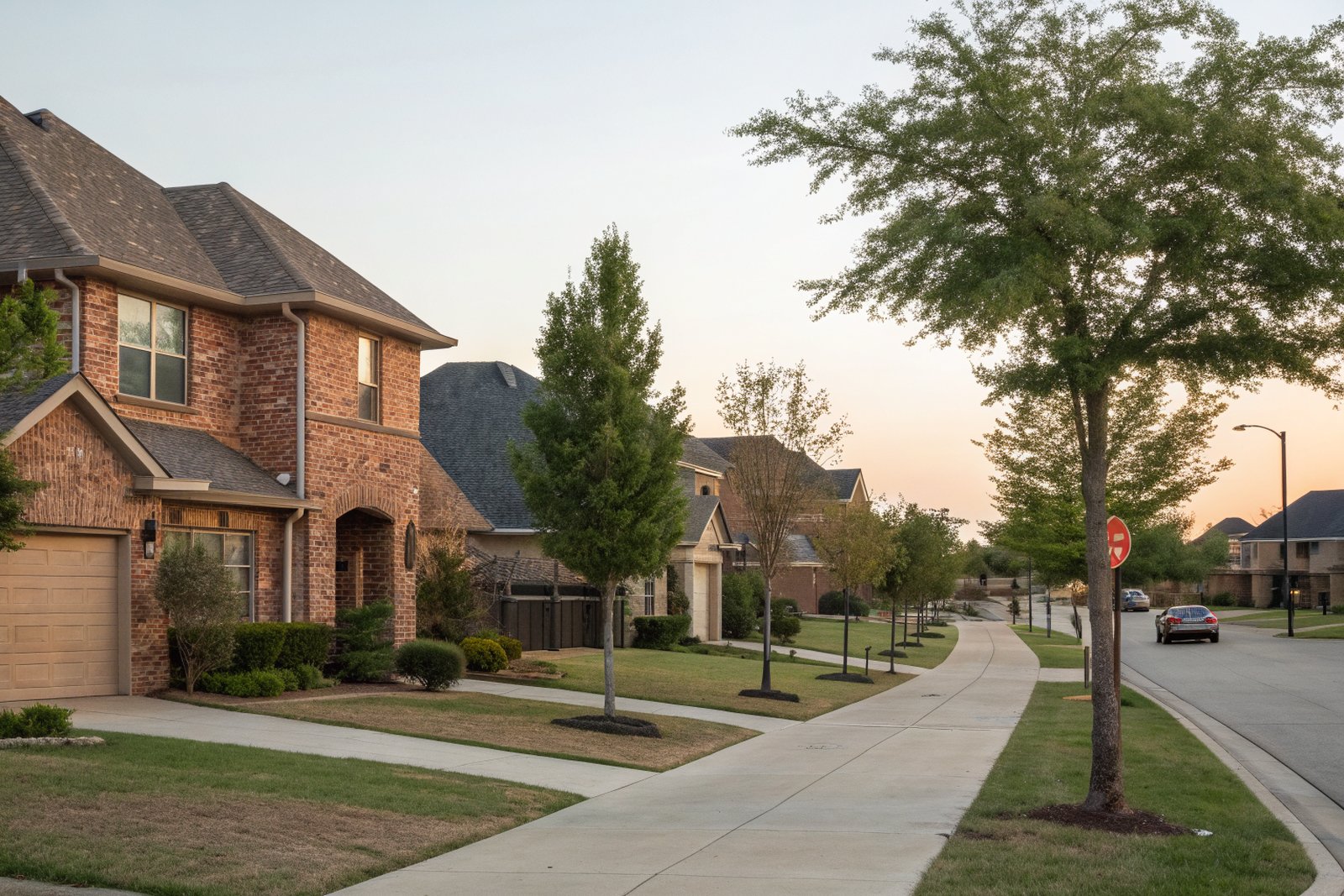 A quiet street of two-story brick homes with shingle roofs, sidewalks and young trees at dusk