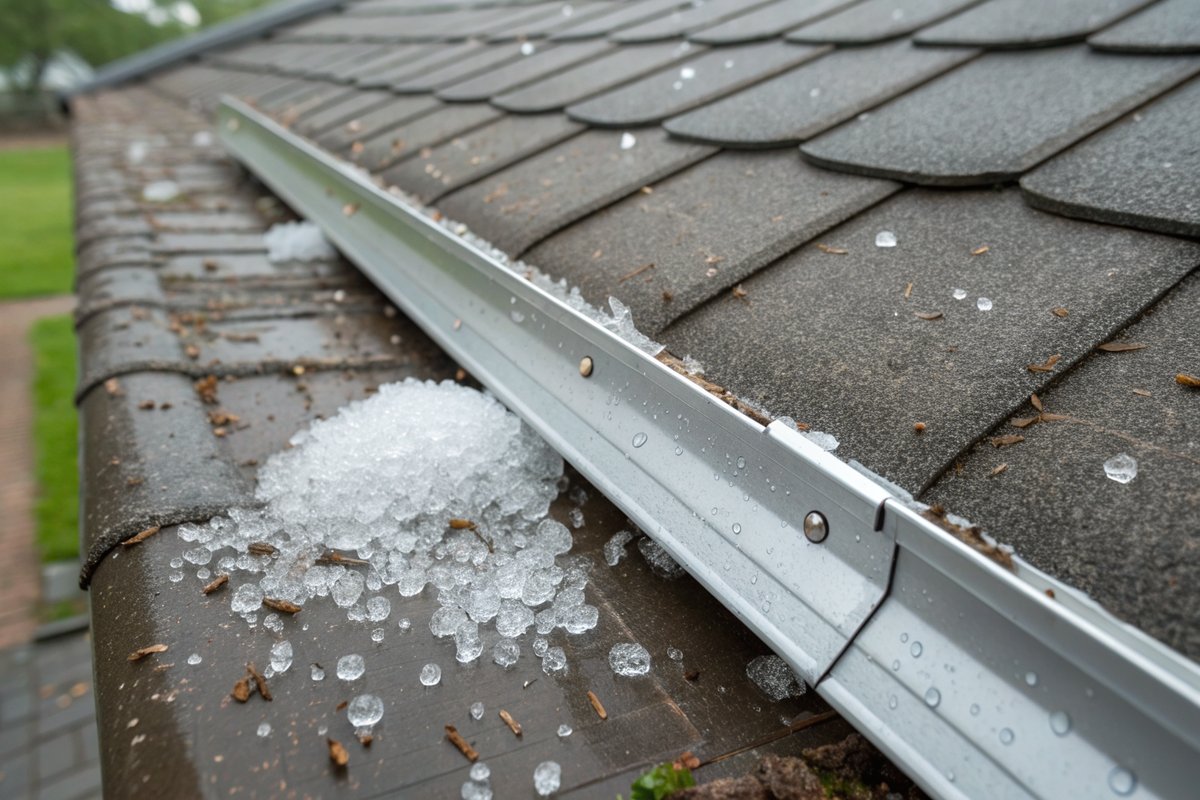 Hailstones collected in a gutter at the edge of an asphalt shingle roof after a storm