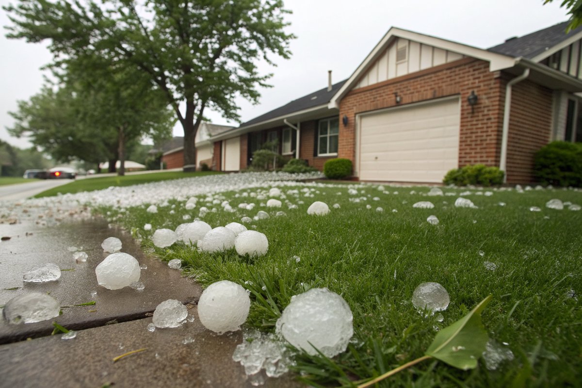 Large hailstones scattered across a lawn and driveway in front of a brick house