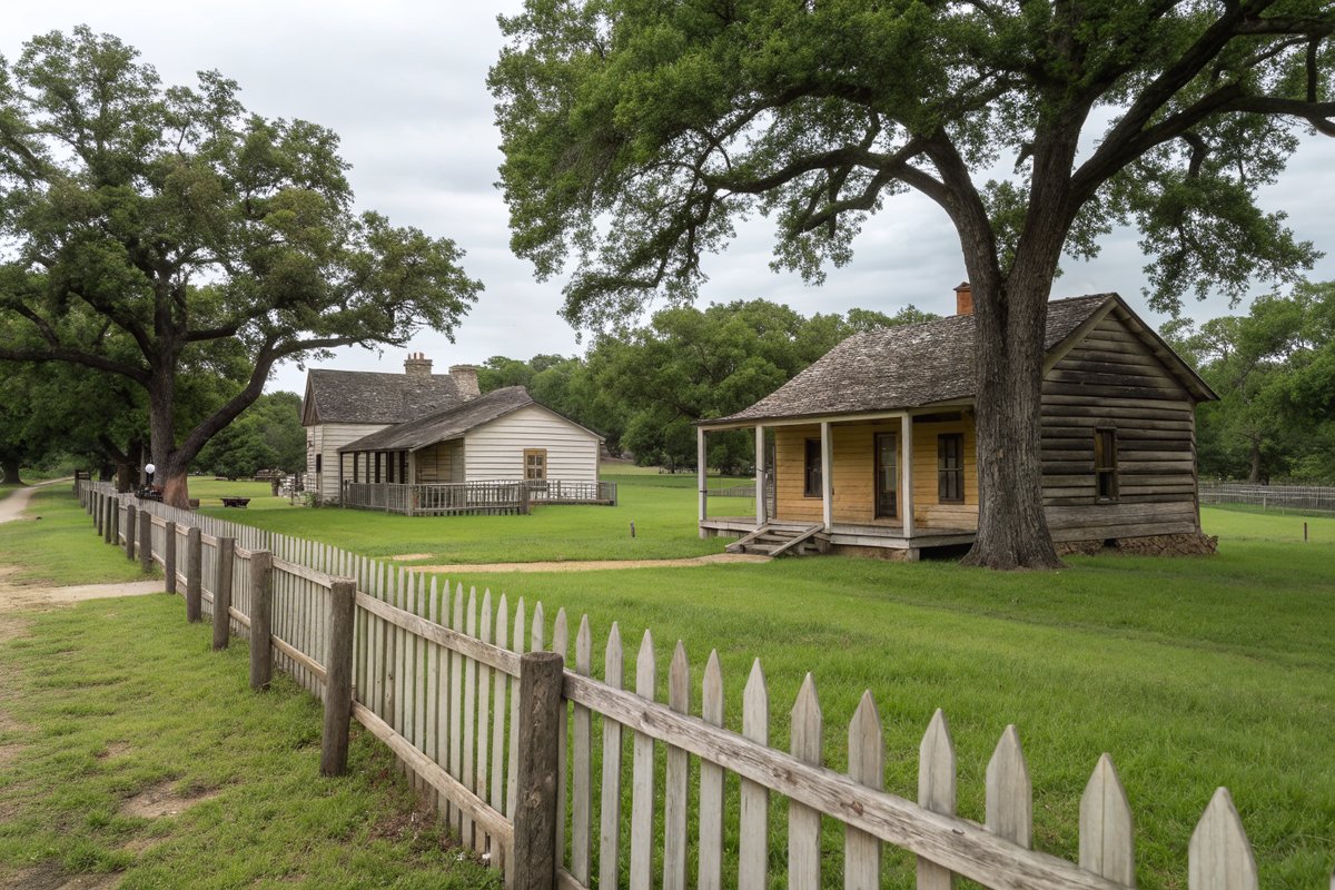 A restored 1800s wooden farmhouse behind a picket fence in a grassy park with shade trees