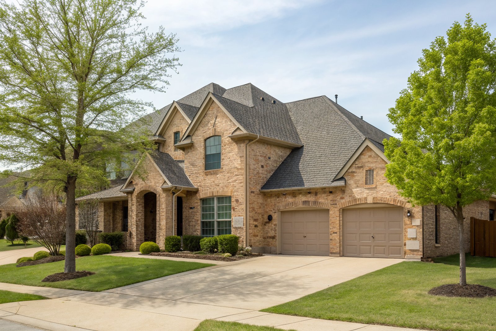 A two-story tan brick home with a dark gray shingle roof, a two-car garage and young oak trees