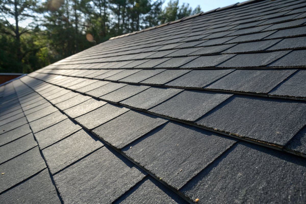 Close view of thick charcoal laminated shingles on a new roof