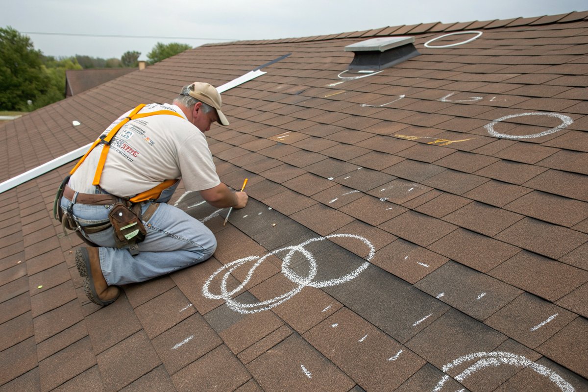 A roofer in a safety harness circling hail hits on a shingle roof with chalk