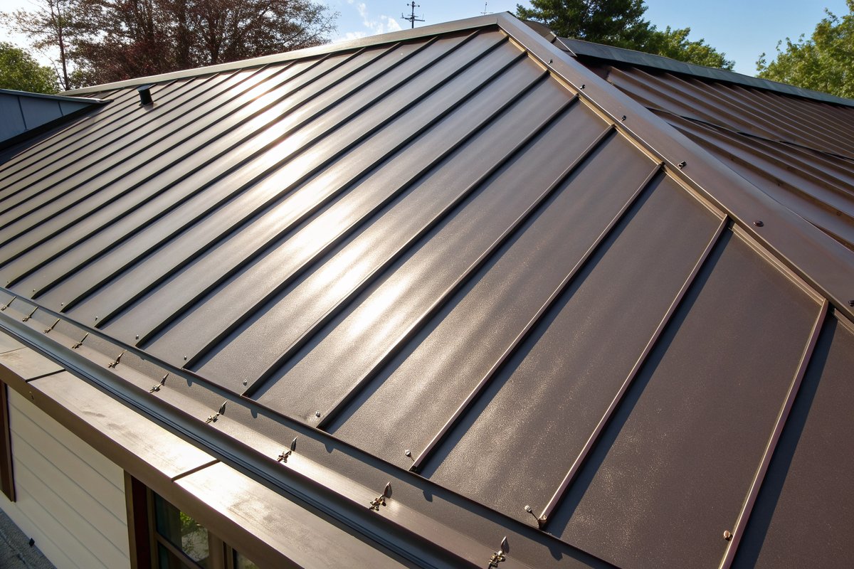 Close view of dark bronze standing-seam metal roof panels in sunlight