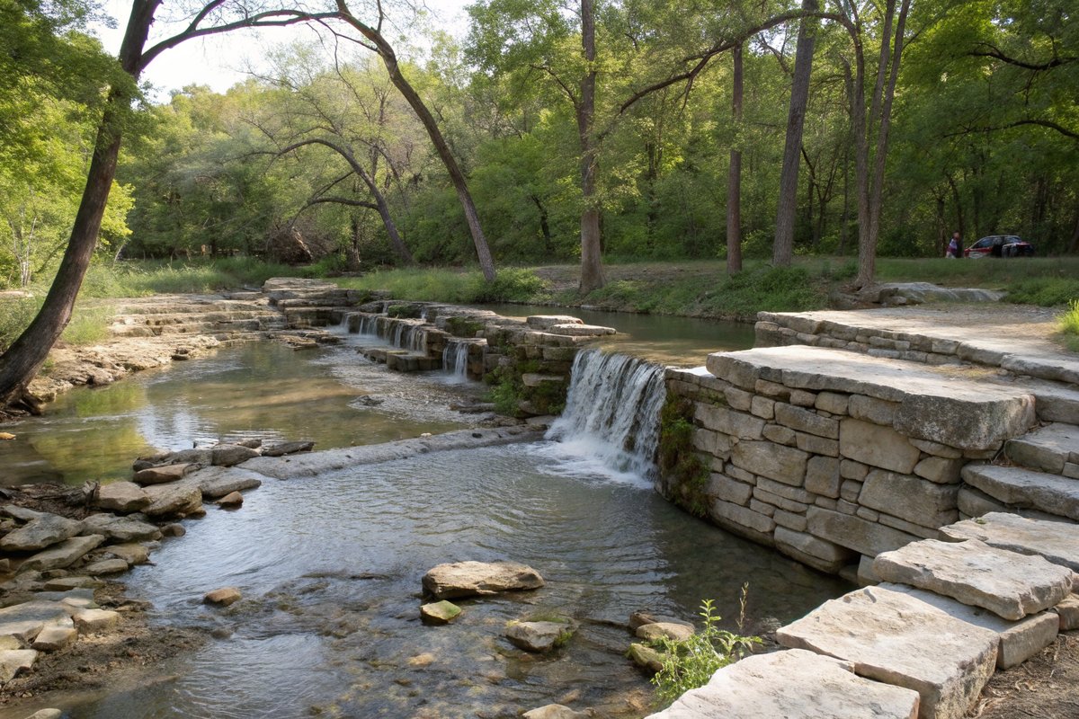 An old limestone dam across a wooded creek with water spilling over the stone