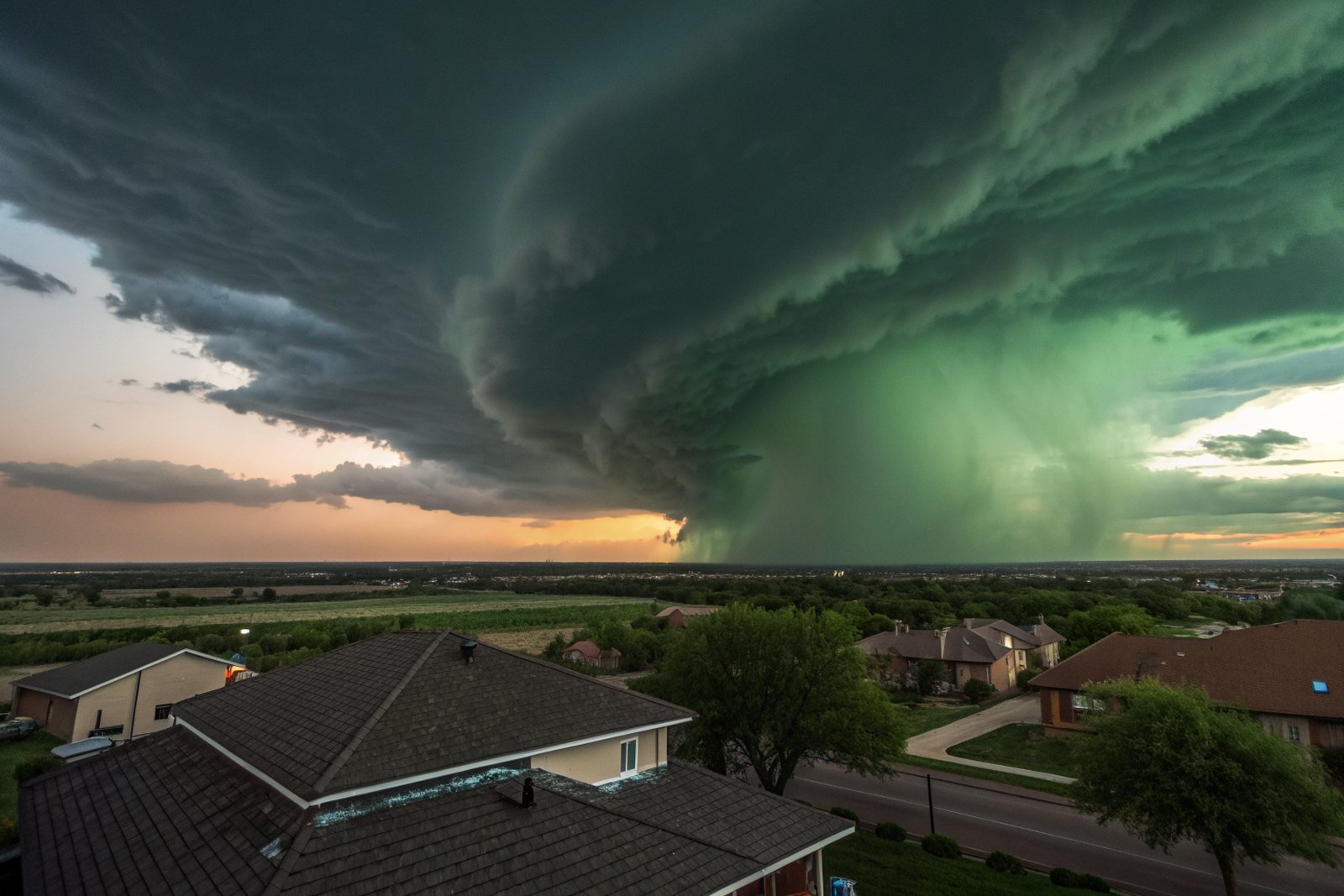 A towering supercell thunderstorm with a green-tinged sky over a flat suburb of rooftops