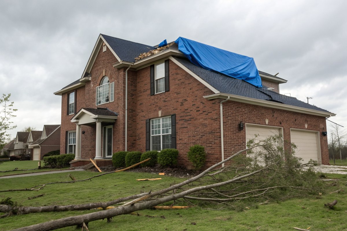 A two-story brick house with a blue tarp over part of its roof and fallen limbs on the lawn
