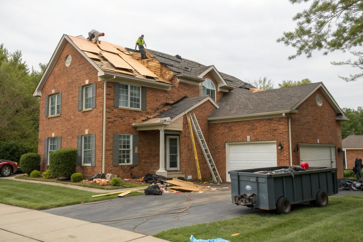 A two-story brick house mid re-roof with shingles stripped to the decking and a dumpster in the drive