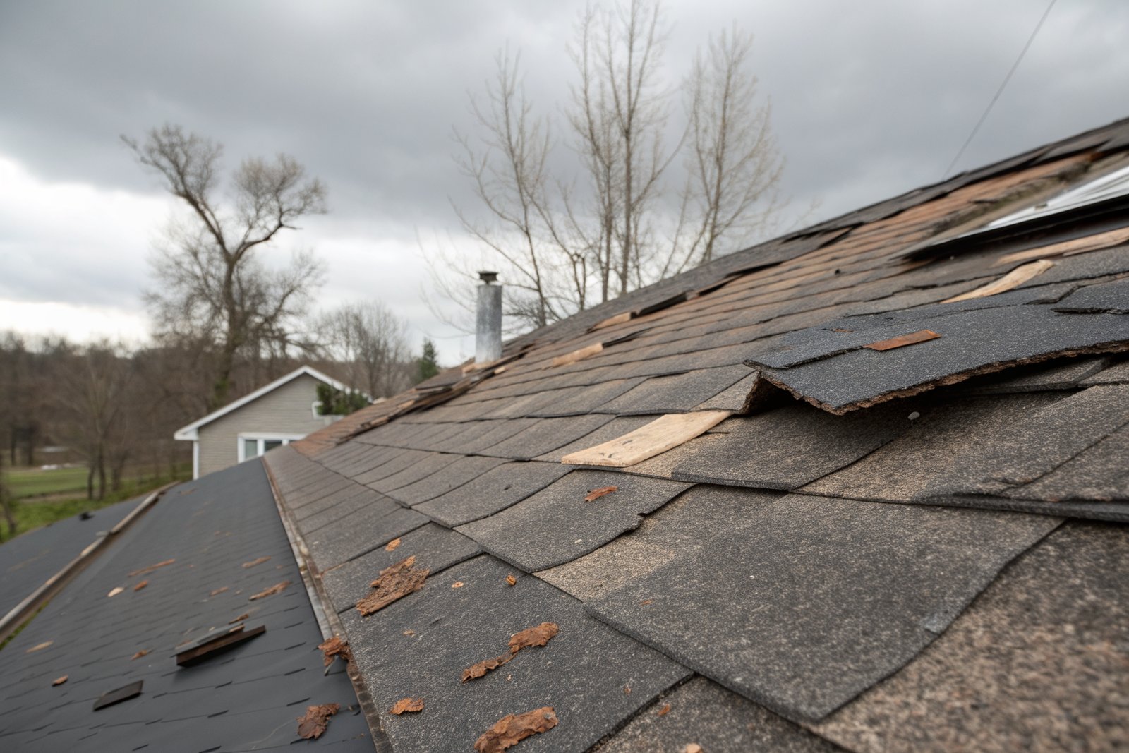 Wind-lifted and creased asphalt shingles with missing tabs under a gray sky